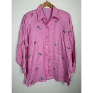 Casey Coleman 100% Linen Embroidered Grasshoppers ShirtButton Down Pink Sz XL